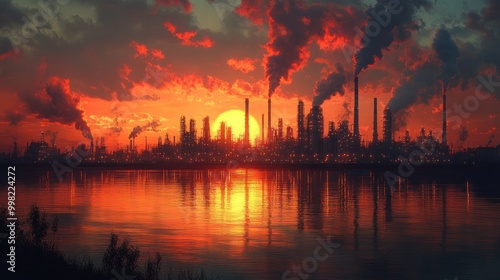 A fiery sunset illuminates the silhouettes of an industrial cityscape, with plumes of smoke rising from factories and reflecting in the water.