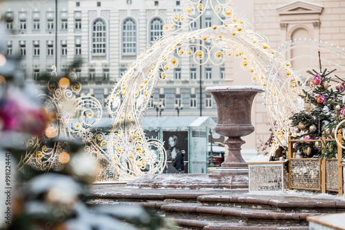 Christmas decorations on the streets of the city. Christmas holidays, winter landscape. The Bolshoi Theatre in the center of Moscow. Russia, Moscow, 2024