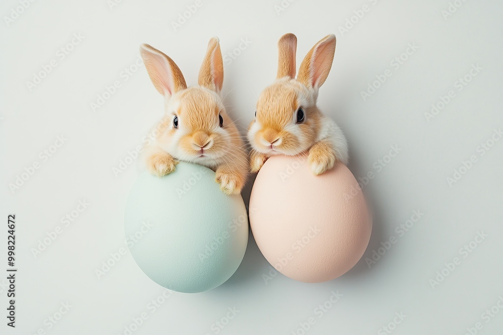 Two cute bunnies inside two pastel colored Easter eggs on white background Two cute bunnies inside two pastel colored Easter eggs on white background
