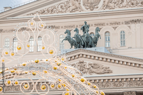 Christmas decorations on the streets of the city. Christmas holidays, winter landscape. The Bolshoi Theatre in the center of Moscow. Russia, Moscow, 2024