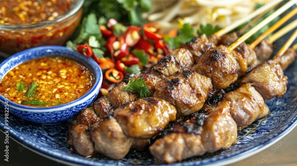 A colorful plate of Thai street food featuring grilled meats and a side of chili dipping sauce, inviting viewers to experience the bold flavors of Thai street cuisine. A colorful plate of Thai street food featuring grilled meats and a side of chili dipping sauce, inviting viewers to experience the bold flavors of Thai street cuisine.
