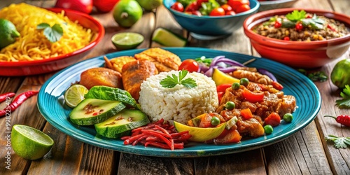 Experience vibrant Latin American Creole Cuisine, artfully arranged on a lively plate, showcasing fresh ingredients and delightful sides for a memorable dining experience.