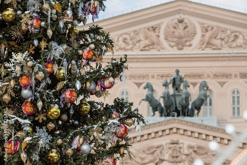 Christmas decorations on the streets of the city. Christmas holidays, winter landscape. The Bolshoi Theatre in the center of Moscow. Russia, Moscow, 2024