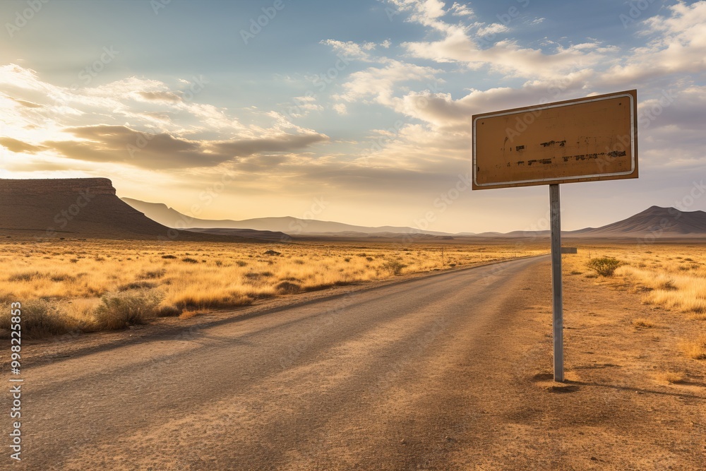 Scenic view of an empty desert road under a sunset sky near a weathered signpost Scenic view of an empty desert road under a sunset sky near a weathered signpost
