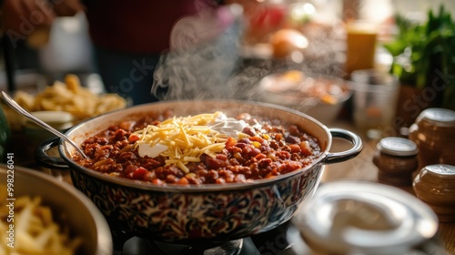 A comforting scene of a warm bowl of chili being served at a cozy gathering, with steam rising and toppings like cheese and sour cream ready for guests. photo