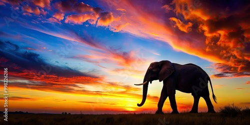 Elegant elephant outline against a vivid sunset sky, capturing nature's beauty and wildlife essence. An inspiring scene that evokes admiration for the natural world. photo