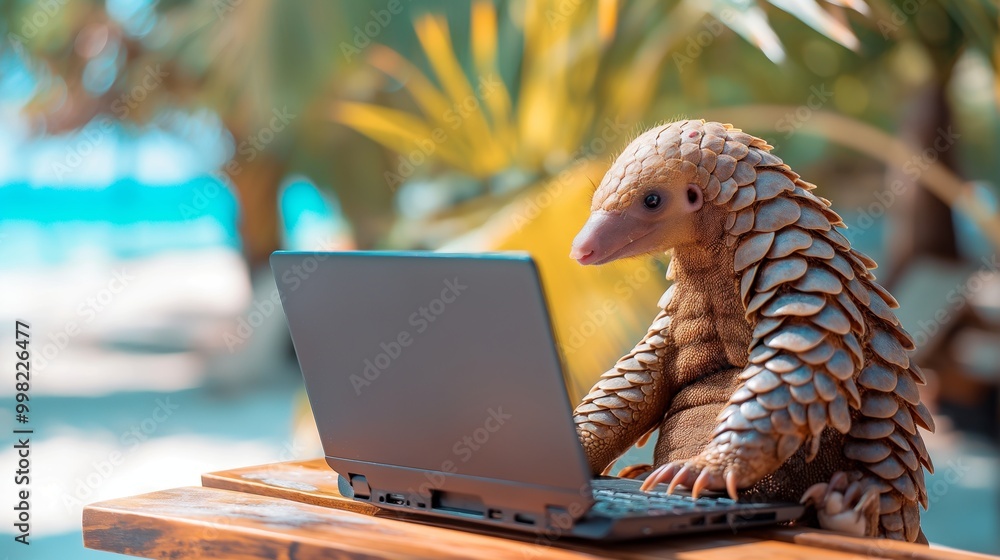 Obraz premium Pangolin Working on Laptop at Beach.