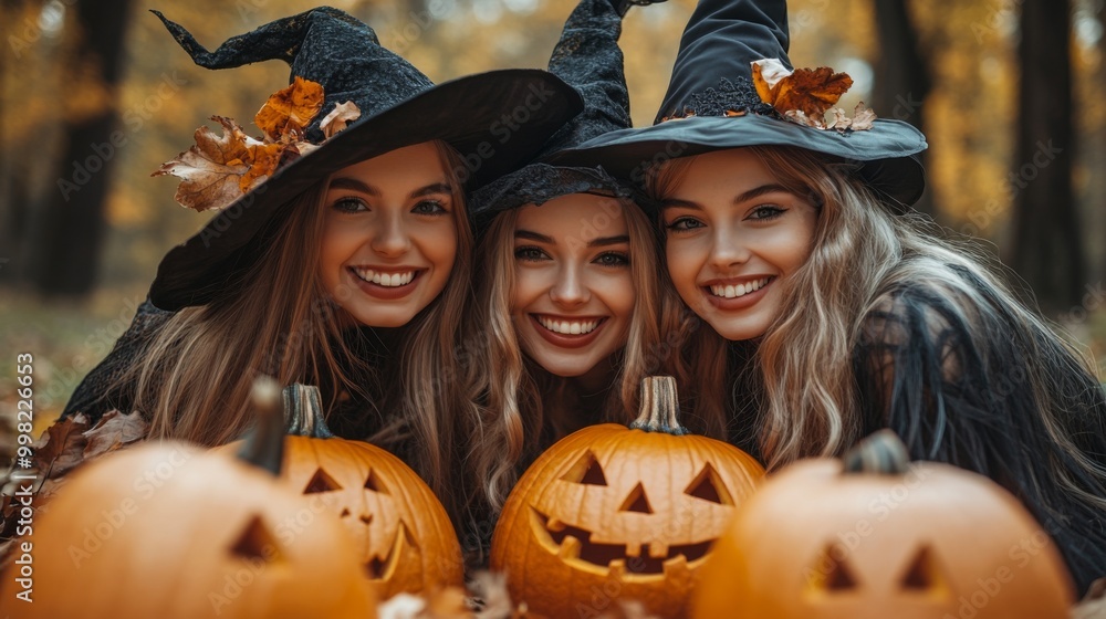 Fototapeta premium Halloween Celebrations with Witches and Pumpkins in an Autumn Forest Setting