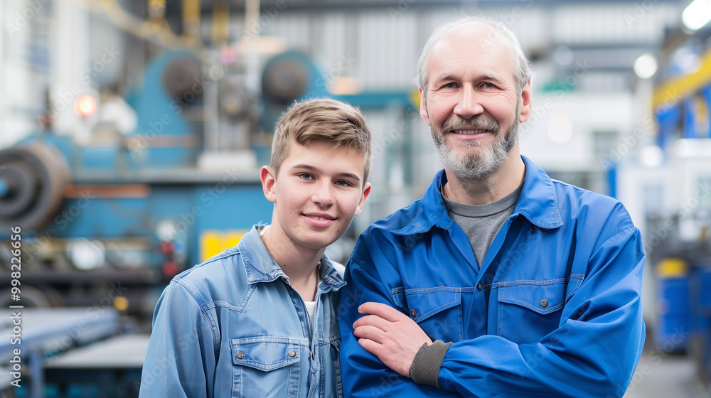 A white-bearded master and a young apprentice in blue work clothes smile at the camera, with the background of a workshop in a German factory.
A white-bearded master and a young apprentice in blue work clothes smile at the camera, with the background of a workshop in a German factory.