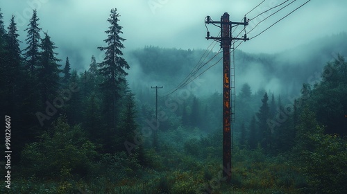 A lone power pole stands tall in a misty forest.