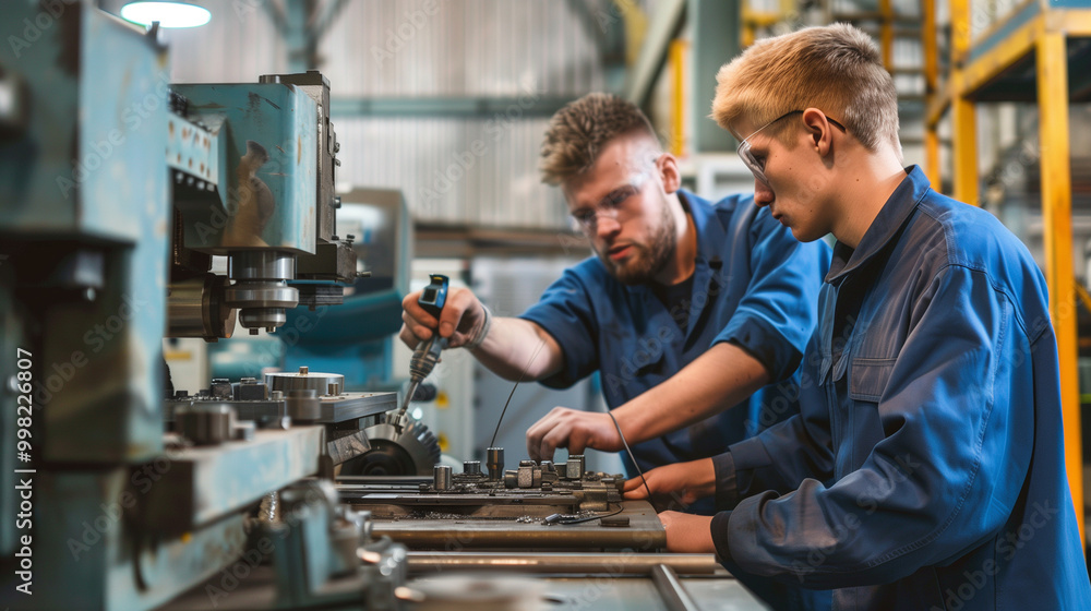 A master in blue work clothes demonstrates machinery use to his apprentice at a workstation, with a blurred traditional German machine tool factory in the background. A master in blue work clothes demonstrates machinery use to his apprentice at a workstation, with a blurred traditional German machine tool factory in the background.