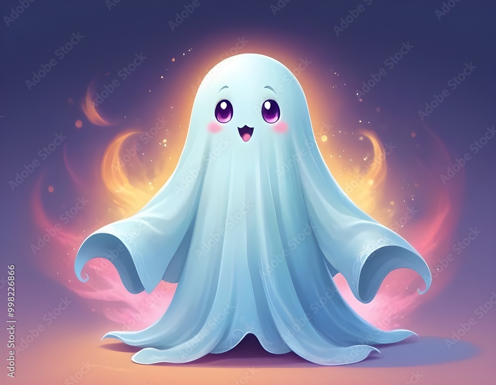 Cute animated shy ghost character with glowing eyes and gentle smile. Halloween Cute animated shy ghost character with glowing eyes and gentle smile. Halloween