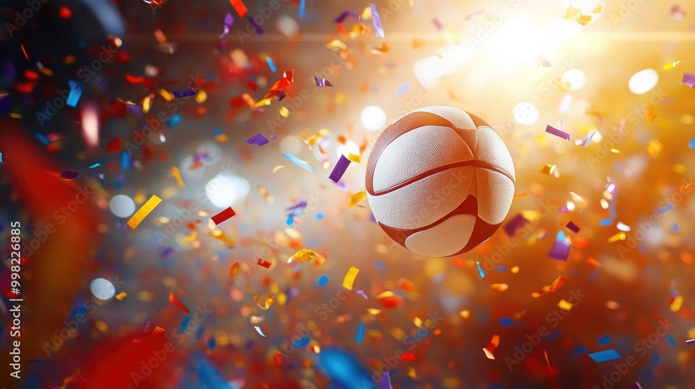 A volleyball in mid-air, confetti bursting around it, creating a festive and energetic banner background. A volleyball in mid-air, confetti bursting around it, creating a festive and energetic banner background.