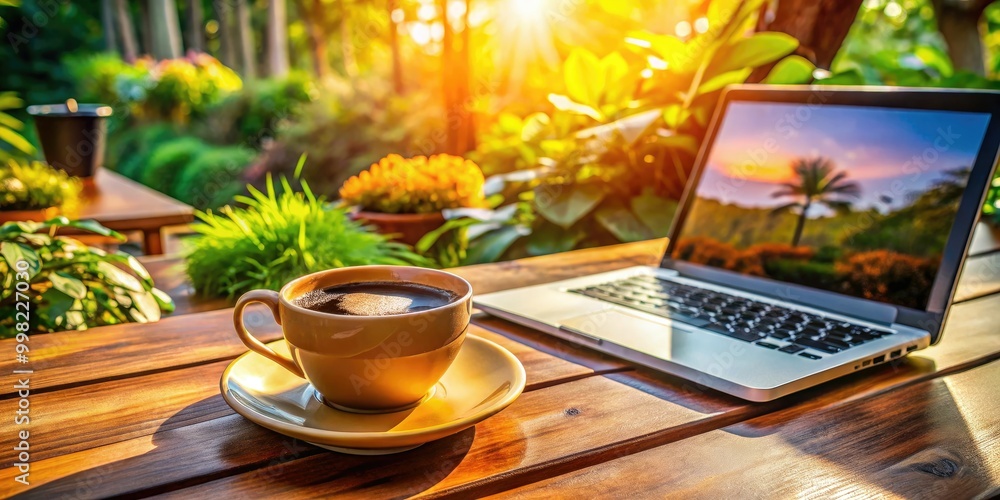 Cozy Coffee Setup for a Productive Monday Morning with a Warm Mug and Laptop on a Wooden Table Cozy Coffee Setup for a Productive Monday Morning with a Warm Mug and Laptop on a Wooden Table