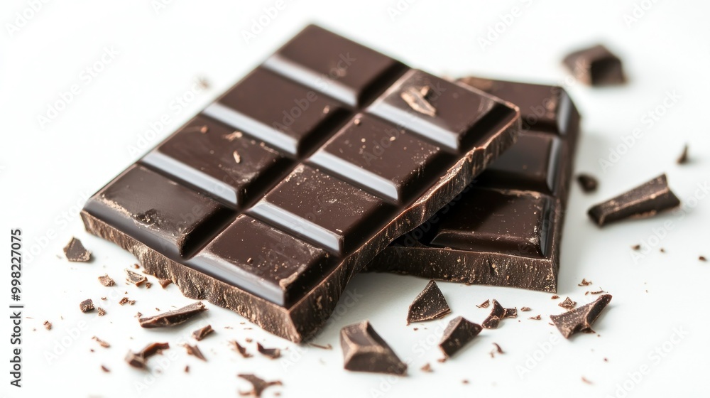 Dark Chocolate Bar Broken into Pieces on a White Background Dark Chocolate Bar Broken into Pieces on a White Background
