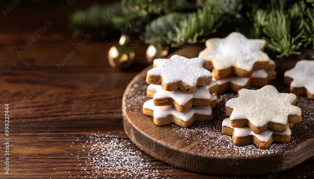 Christmas cookies in a festive setting, on wooden table Christmas cookies in a festive setting, on wooden table