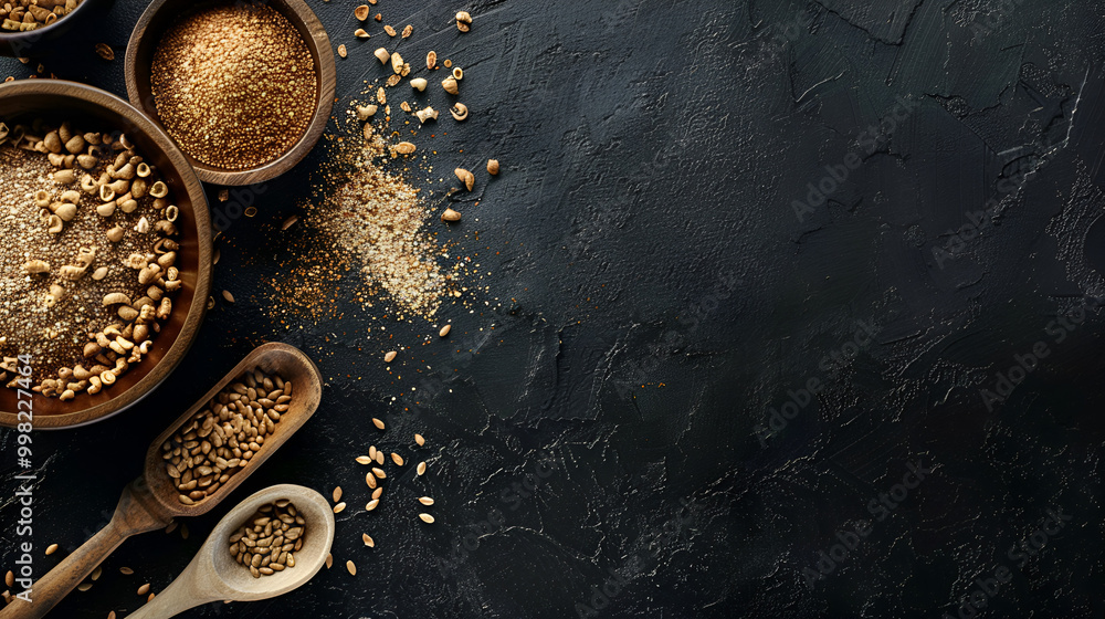 Mustard Seeds with Wooden Spoon on Isolated Black Stone, World Pulses Day, Generative Ai Mustard Seeds with Wooden Spoon on Isolated Black Stone, World Pulses Day, Generative Ai