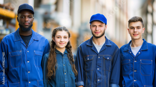 A diverse group of apprentices, all around 20 years old, smile at the camera in blue work clothes, with a blurred German factory background.