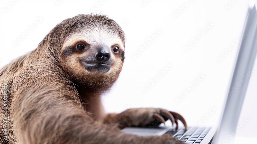 Fototapeta premium Sloth using laptop on white background in studio.
