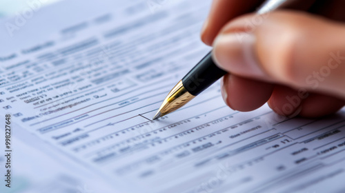 A close-up of a hand holding a pen, filling out a document, highlighting personal or financial information.