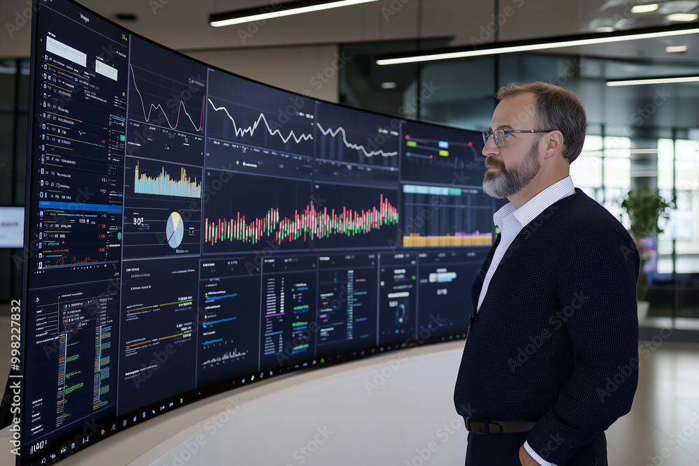 An executive standing in front of a massive screen filled with performance indicators and graphs. Generative AI. An executive standing in front of a massive screen filled with performance indicators and graphs. Generative AI.