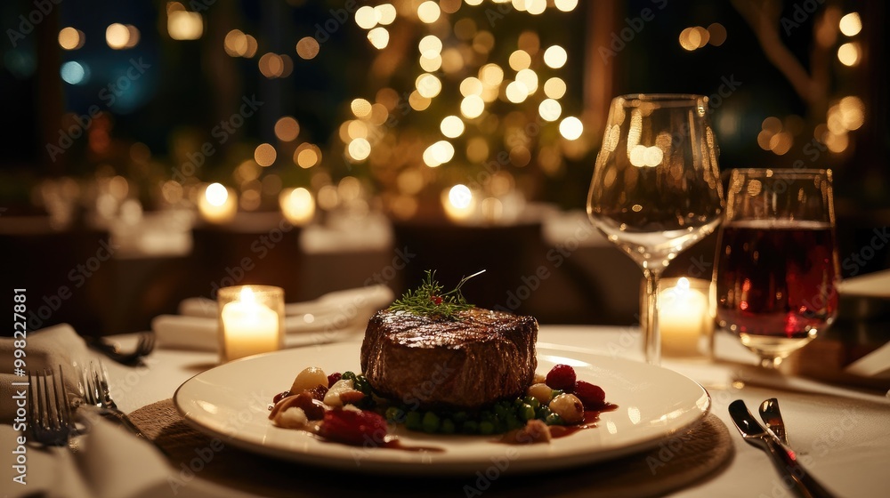 A cozy restaurant setting with a gourmet steak dish presented artfully on a white plate, surrounded by a stylish table arrangement and candlelight for a romantic atmosphere. A cozy restaurant setting with a gourmet steak dish presented artfully on a white plate, surrounded by a stylish table arrangement and candlelight for a romantic atmosphere.