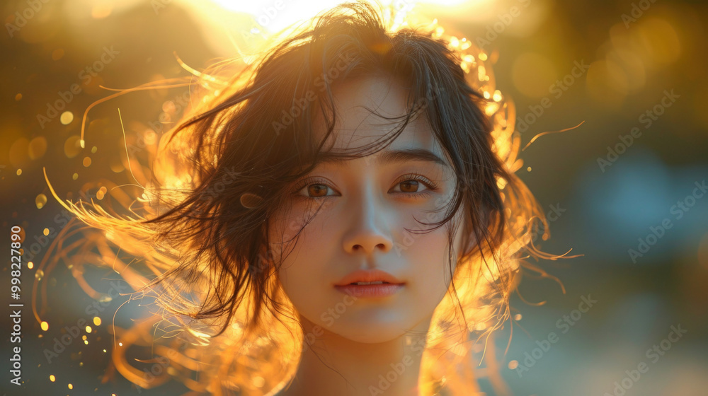 Portrait of a Beautiful Woman. Out of Focus Background with Sun Flares bokeh Portrait of a Beautiful Woman. Out of Focus Background with Sun Flares bokeh