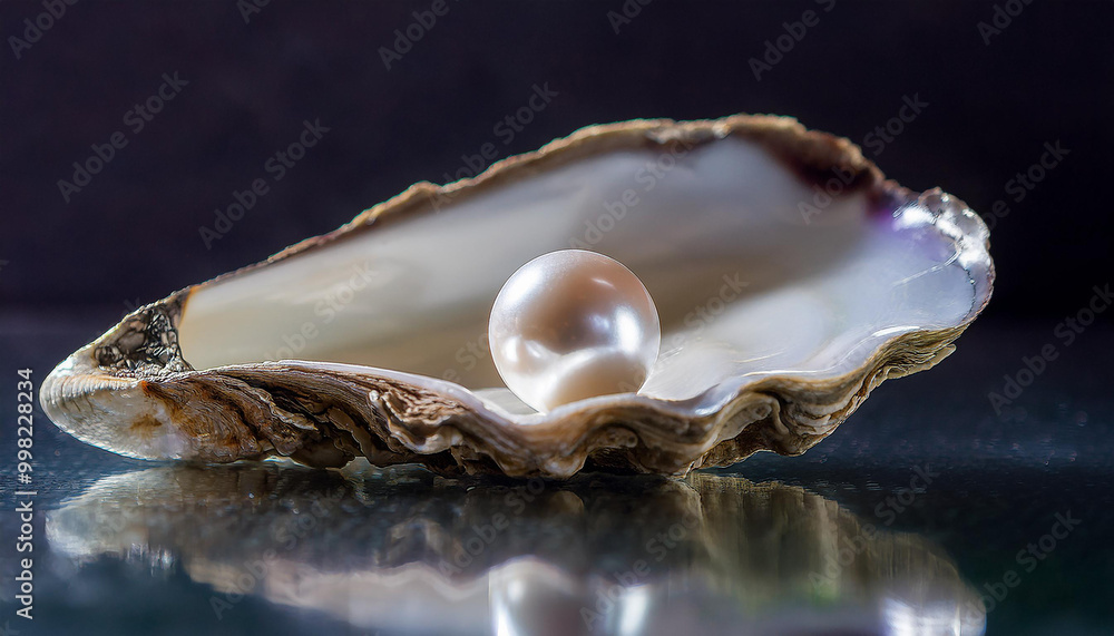 Natural pearl inside oyster shell, sea water, wet surface. Natural pearl inside oyster shell, sea water, wet surface.