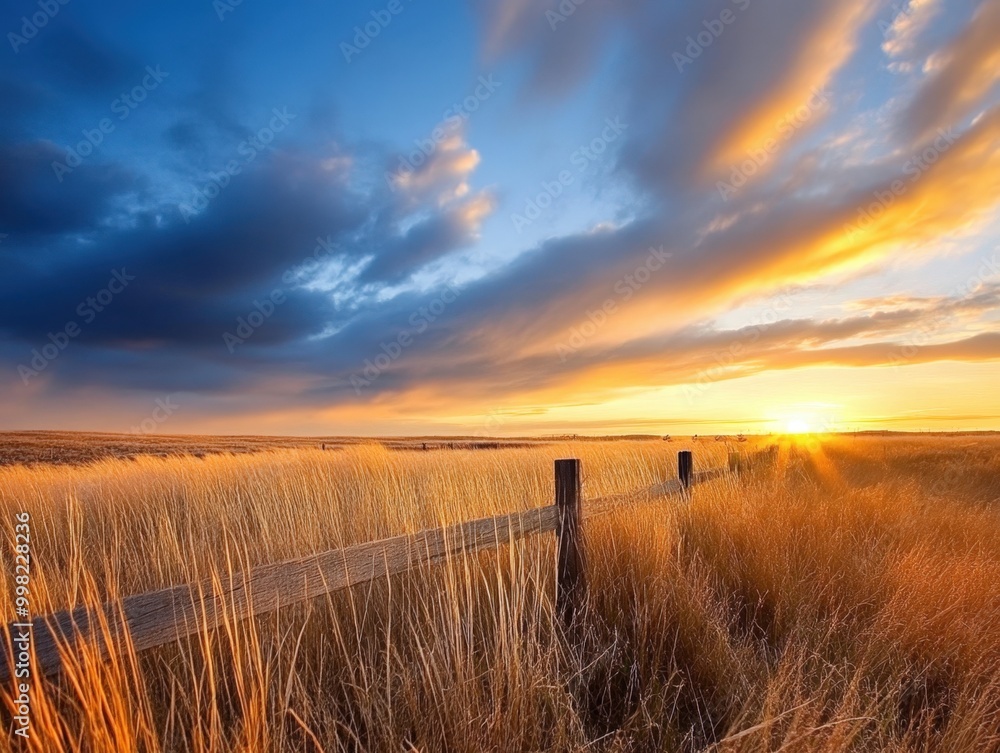 Obraz premium Golden sunset casting warmth over a tranquil field with gentle grass swaying in the breeze