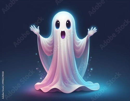 Cute animated shy ghost character with glowing eyes and gentle smile. Halloween