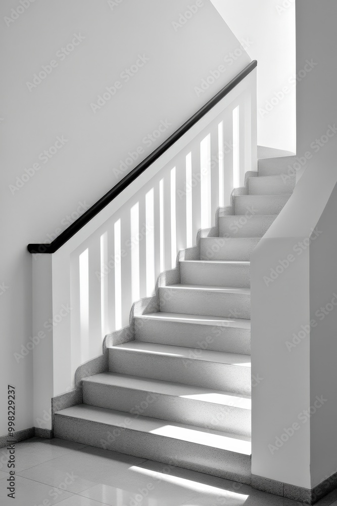 Elegant staircase bathed in sunlight inside a modern building with minimalist design Elegant staircase bathed in sunlight inside a modern building with minimalist design