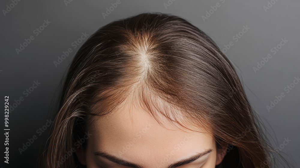 This image showcases the top of a person's head with visible hair and scalp, highlighting hair condition and parting. This image showcases the top of a person's head with visible hair and scalp, highlighting hair condition and parting.