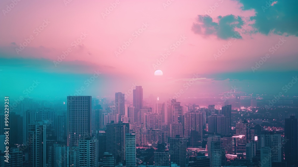Cityscape with Neon Glow, Vaporwave Twilight. Cityscape with Neon Glow, Vaporwave Twilight.