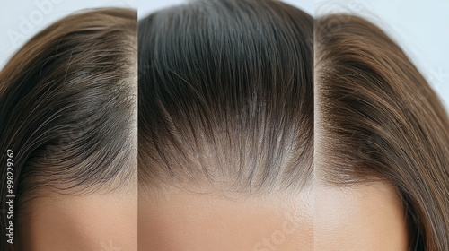 This image shows a close-up of hair showcasing different stages of hairline treatment, highlighting textures and surface changes in the hair.