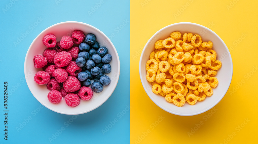 A vibrant split-image of bowls: one filled with raspberries and blueberries, the other with cheerful yellow cereal, set against blue and yellow backgrounds. A vibrant split-image of bowls: one filled with raspberries and blueberries, the other with cheerful yellow cereal, set against blue and yellow backgrounds.