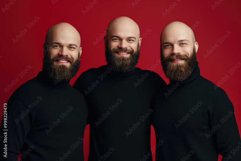 Three bearded bald men brothers stand next to each other on a red background Three bearded bald men brothers stand next to each other on a red background