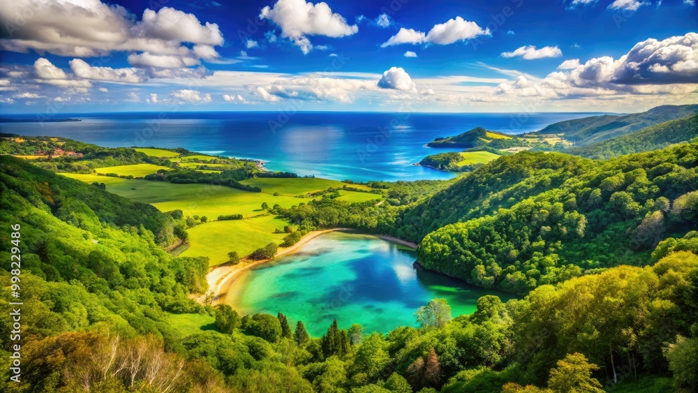 A tranquil natural landscape features a vibrant blue sky and lush greenery, inviting the essence of naturism amidst serene surroundings for total relaxation and peace.