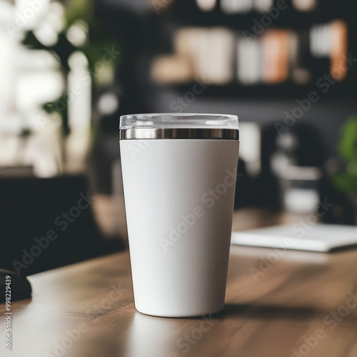 A sleek white travel mug sits on a wooden table, with a modern interior in the background, suggesting a cozy workspace.