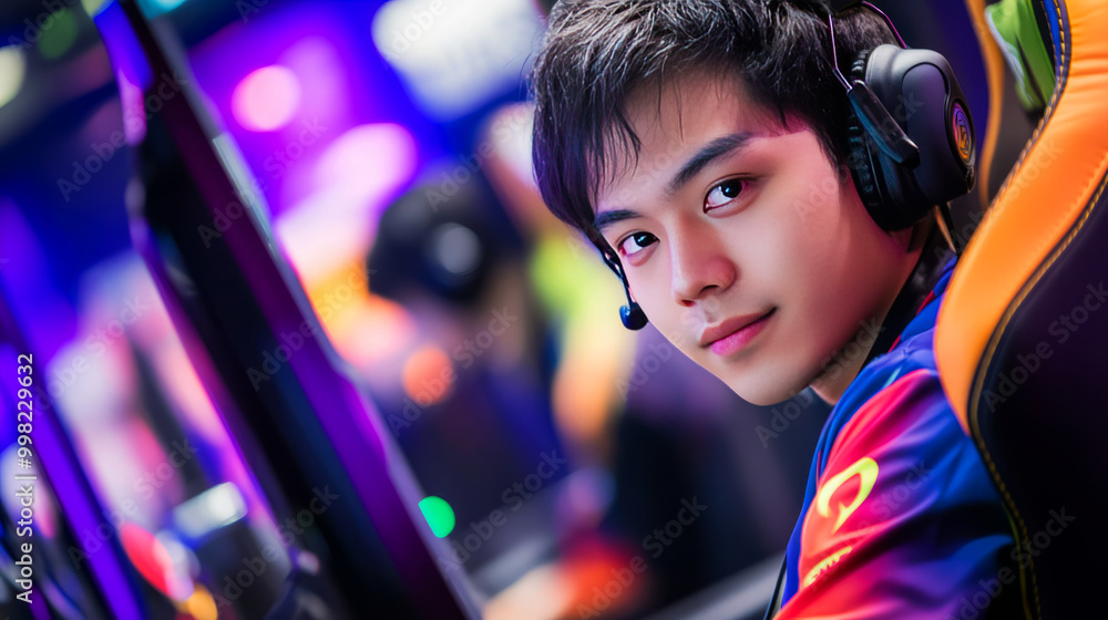 A focused gamer in headphones, immersed in an esports environment, with vibrant lights creating an energetic atmosphere. A focused gamer in headphones, immersed in an esports environment, with vibrant lights creating an energetic atmosphere.