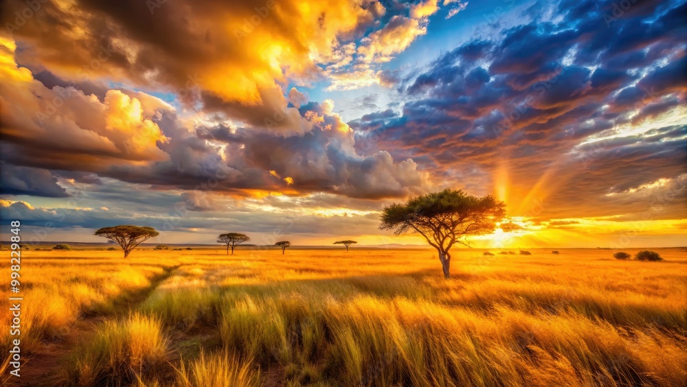 A stunning savannah scene unfolds with golden grasses swaying, dramatic clouds rolling in, and a vibrant sunset painting the sky in breathtaking hues of color. A stunning savannah scene unfolds with golden grasses swaying, dramatic clouds rolling in, and a vibrant sunset painting the sky in breathtaking hues of color.