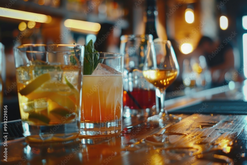 Row of glasses filled with various drinks sitting on a bar Row of glasses filled with various drinks sitting on a bar