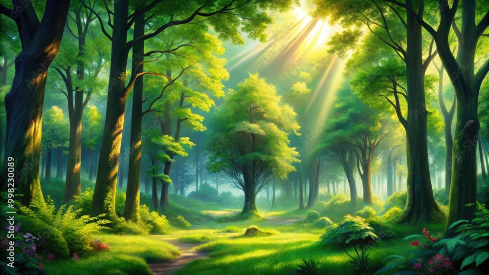 Fototapeta premium A stunning forest scene features sunlight streaming through trees, illuminating the vibrant greenery and rich foliage, creating a tranquil and breathtaking natural landscape.
