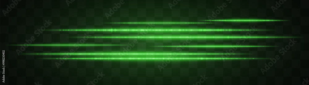 Horizontal green light effect isolated on transparent background. Graphical patch of reflected light. Neon stripes. Bright glowing lines. Lens flare. Abstract rays. Vector illustration Horizontal green light effect isolated on transparent background. Graphical patch of reflected light. Neon stripes. Bright glowing lines. Lens flare. Abstract rays. Vector illustration