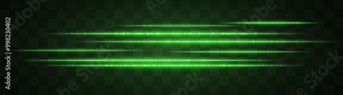 Horizontal green light effect isolated on transparent background. Graphical patch of reflected light. Neon stripes. Bright glowing lines. Lens flare. Abstract rays. Vector illustration
