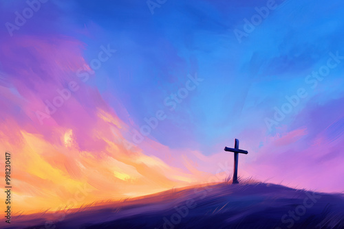 Wallpaper Mural Vibrant landscape with a cross at sunset, symbolizing faith, spirituality, and hope, with colorful skies evoking peace and reflection in a serene atmosphere. Torontodigital.ca