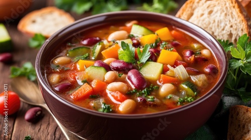 A delightful image of a bowl of minestrone soup, filled with colorful vegetables and beans, served with crusty bread, representing the heartiness of Italian home cooking. photo