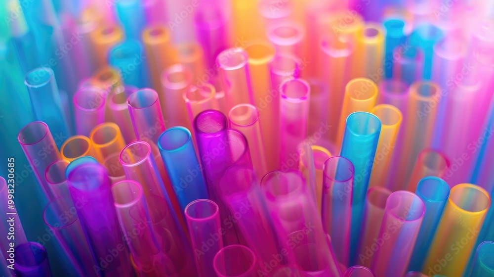 A close-up view of colorful plastic drinking straws, ideal for use in illustrations about sustainability, recycling, and environmental awareness A close-up view of colorful plastic drinking straws, ideal for use in illustrations about sustainability, recycling, and environmental awareness