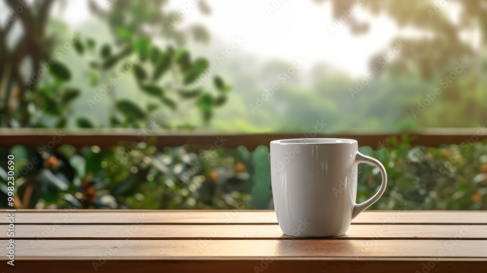 A White Coffee Mug on a Wooden Table with a Blurred Green Background A White Coffee Mug on a Wooden Table with a Blurred Green Background