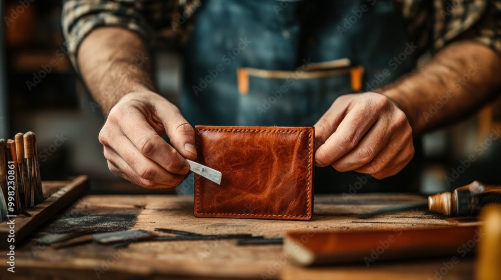 Authentic cow leather wallet card holder with a leather tool on a wooden craft item Authentic cow leather wallet card holder with a leather tool on a wooden craft item