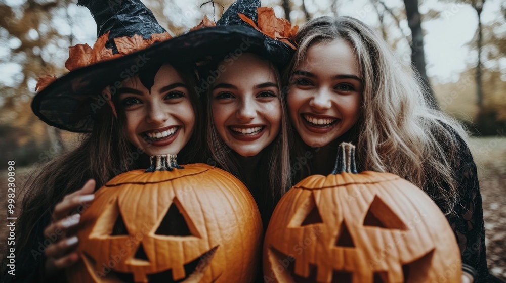 Halloween Celebrations with Witches and Pumpkins in an Autumn Forest Setting Halloween Celebrations with Witches and Pumpkins in an Autumn Forest Setting